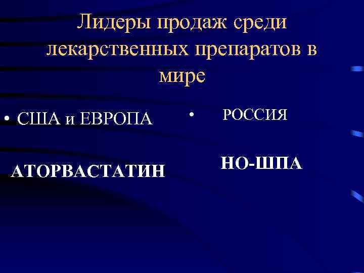 Лидеры продаж среди лекарственных препаратов в мире • США и ЕВРОПА АТОРВАСТАТИН • РОССИЯ