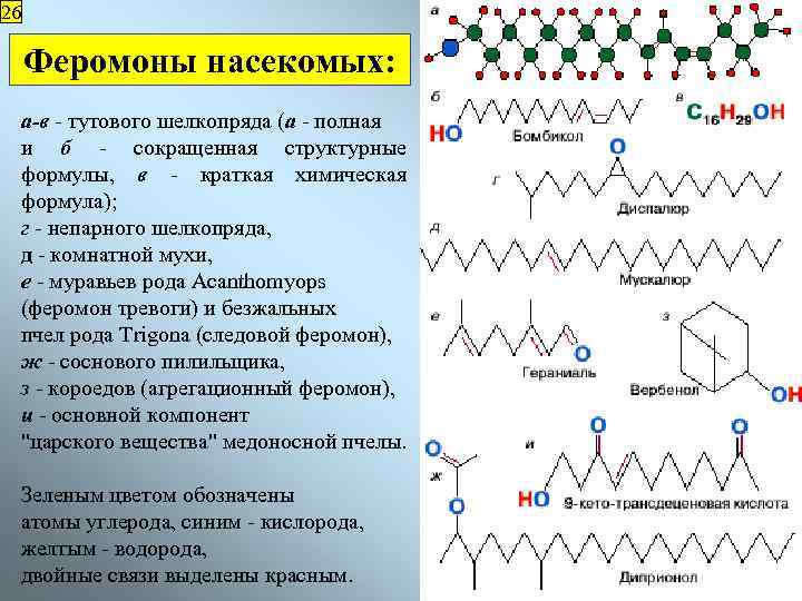 26 Феромоны насекомых: а-в - тутового шелкопряда (а - полная и б - сокращенная