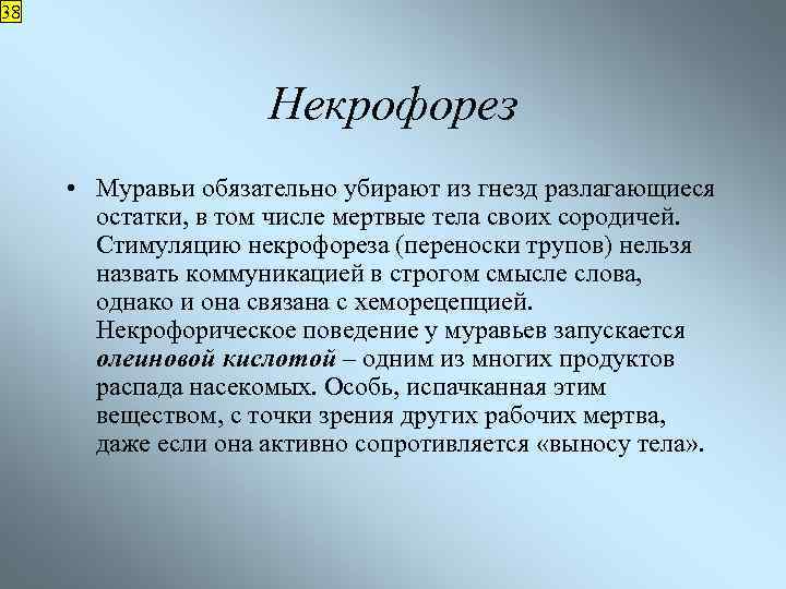 38 Некрофорез • Муравьи обязательно убирают из гнезд разлагающиеся остатки, в том числе мертвые