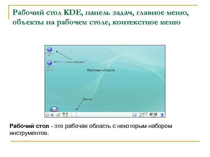 Рабочий стол KDE, панель задач, главное меню, объекты на рабочем столе, контекстное меню Рабочий