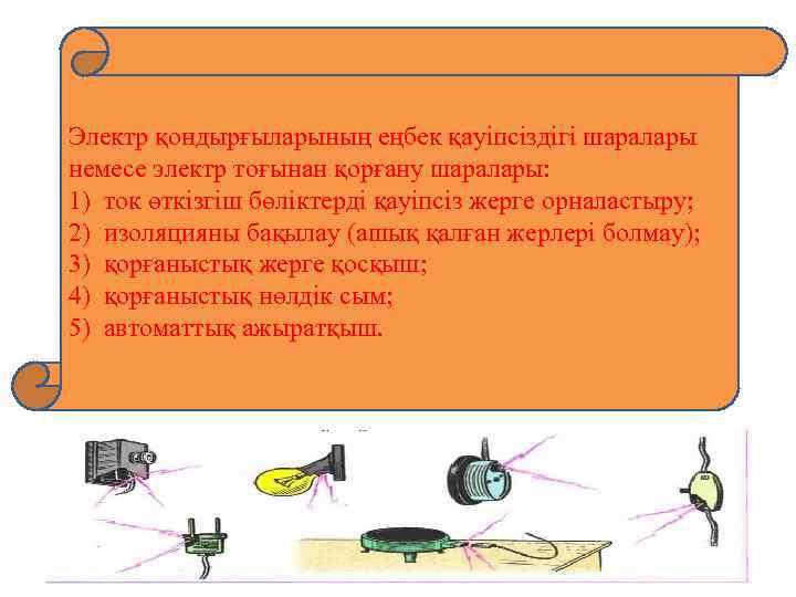 Электр қондырғыларының еңбек қауіпсіздігі шаралары немесе электр тоғынан қорғану шаралары: 1) ток өткізгіш бөліктерді