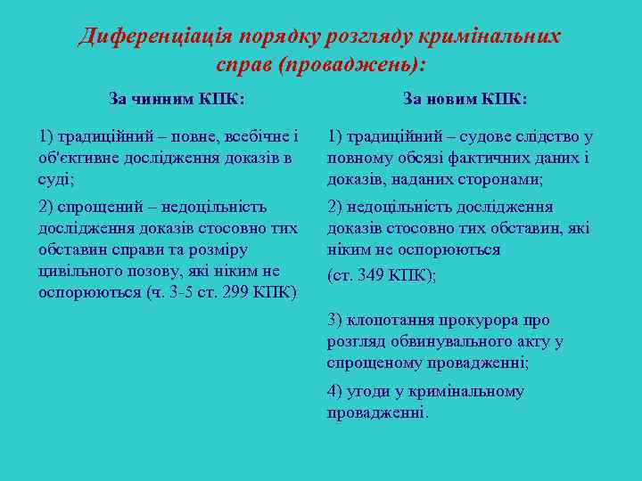 Диференціація порядку розгляду кримінальних справ (проваджень): За чинним КПК: За новим КПК: 1) традиційний