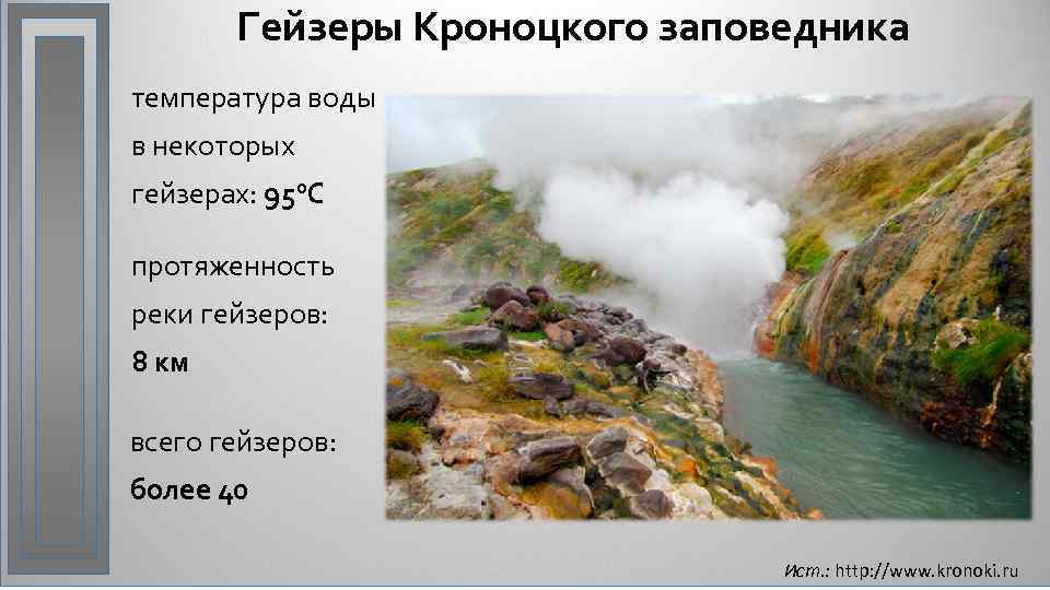 Гейзеры Кроноцкого заповедника температура воды в некоторых гейзерах: 950 С протяженность реки гейзеров: 8