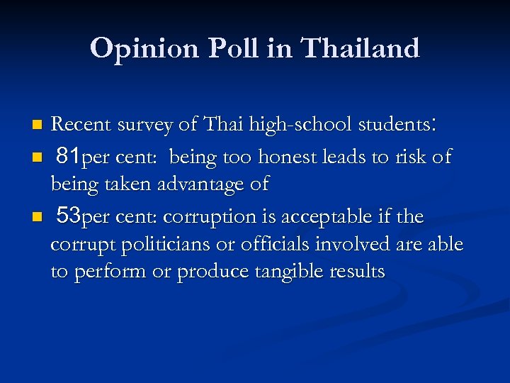 Opinion Poll in Thailand Recent survey of Thai high-school students: n 81 per cent: