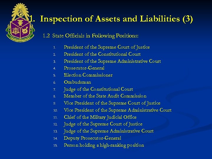 1. Inspection of Assets and Liabilities (3) 1. 2 State Officials in Following Positions: