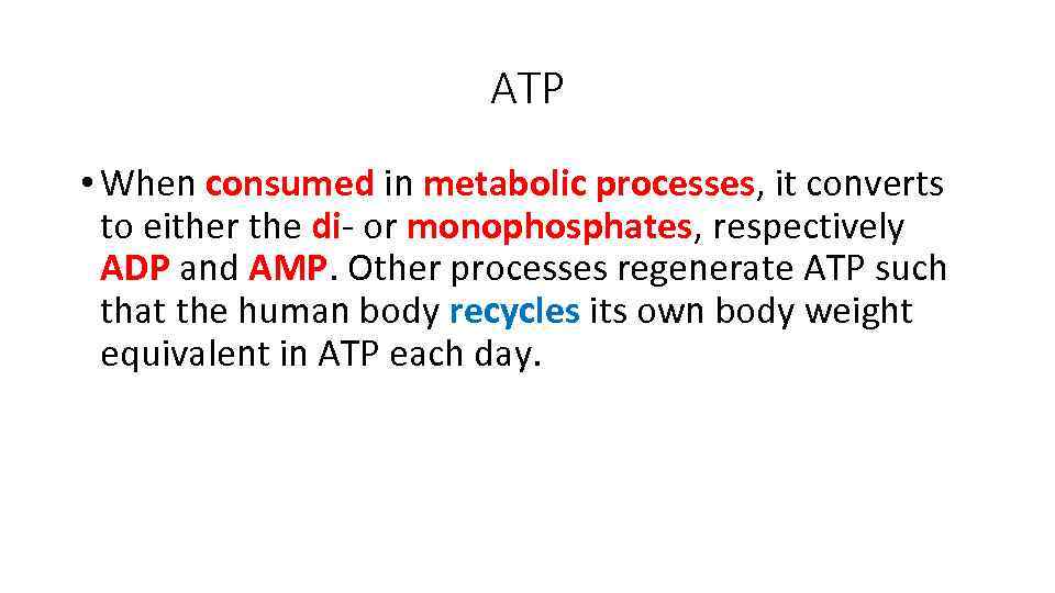 ATP • When consumed in metabolic processes, it converts to either the di- or