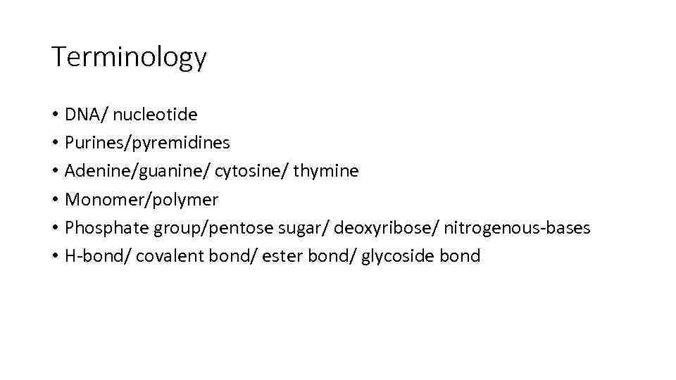 Terminology • DNA/ nucleotide • Purines/pyremidines • Adenine/guanine/ cytosine/ thymine • Monomer/polymer • Phosphate