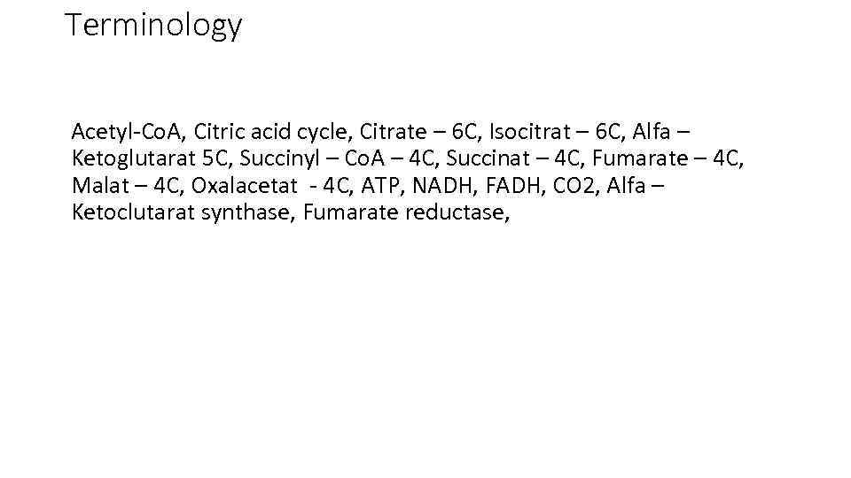Terminology Acetyl-Co. A, Citric acid cycle, Citrate – 6 C, Isocitrat – 6 C,
