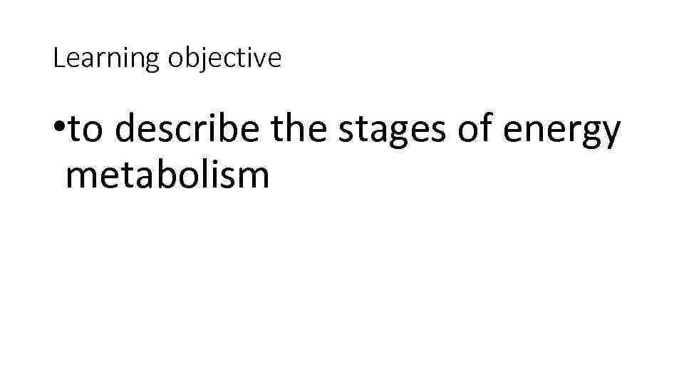 Learning objective • to describe the stages of energy metabolism 