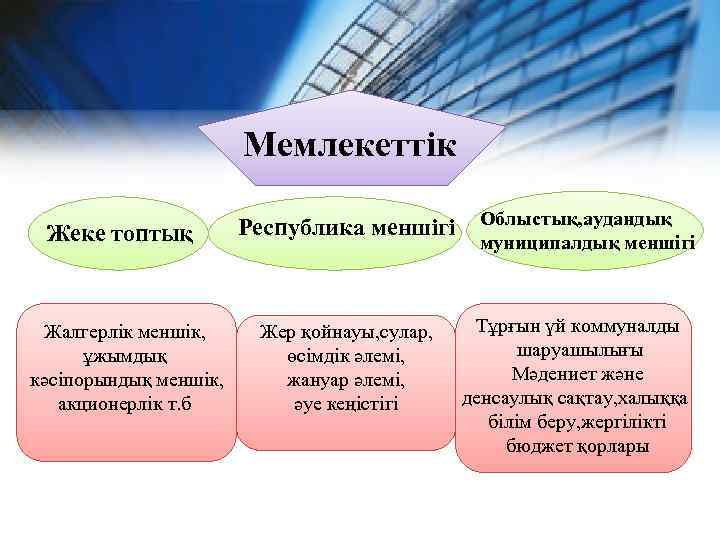 Мемлекеттік Жеке топтық Жалгерлік меншік, ұжымдық кәсіпорындық меншік, акционерлік т. б Республика меншігі Облыстық,