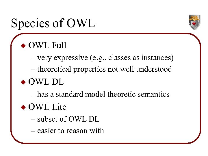 Species of OWL u OWL Full – very expressive (e. g. , classes as