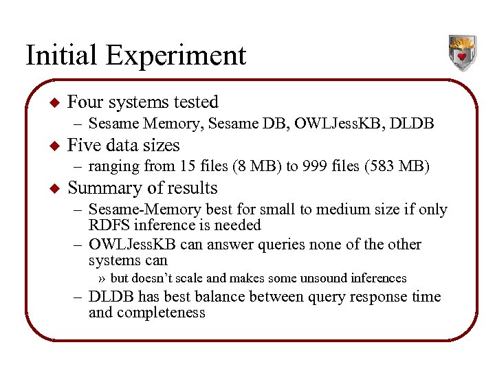 Initial Experiment u Four systems tested – Sesame Memory, Sesame DB, OWLJess. KB, DLDB