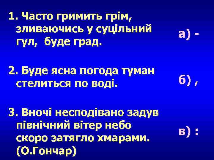 1. Часто гримить грім, зливаючись у суцільний гул, буде град. а) - 2. Буде
