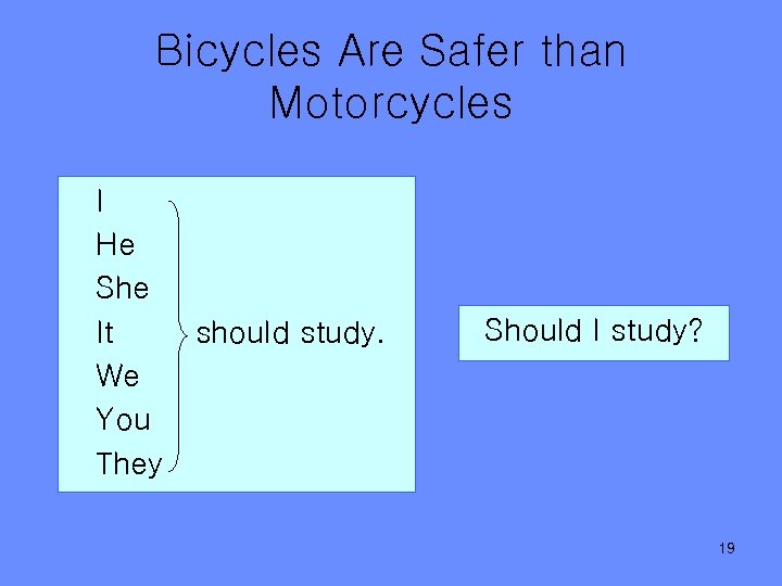 Bicycles Are Safer than Motorcycles I He She It We You They should study.
