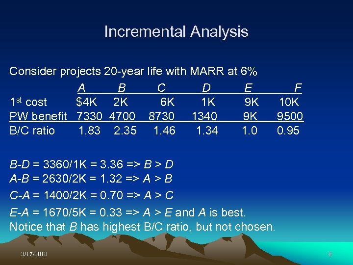Incremental Analysis Consider projects 20 -year life with MARR at 6% A B C