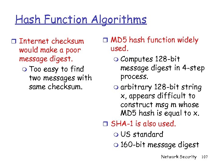 Hash Function Algorithms r Internet checksum would make a poor message digest. m Too