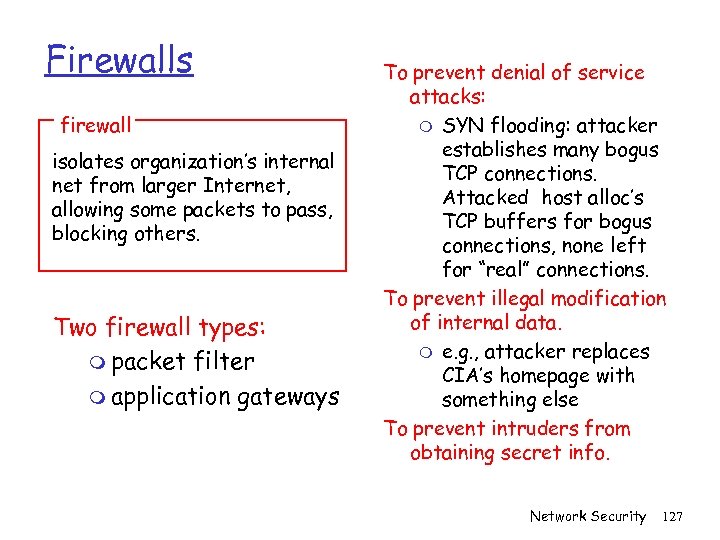 Firewalls firewall isolates organization’s internal net from larger Internet, allowing some packets to pass,