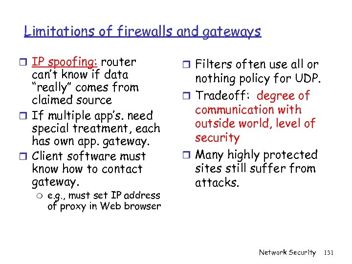 Limitations of firewalls and gateways r IP spoofing: router can’t know if data “really”