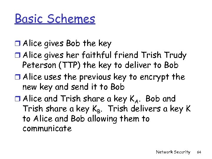 Basic Schemes r Alice gives Bob the key r Alice gives her faithful friend