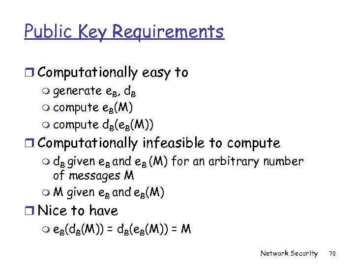 Public Key Requirements r Computationally easy to m generate e. B, d. B m
