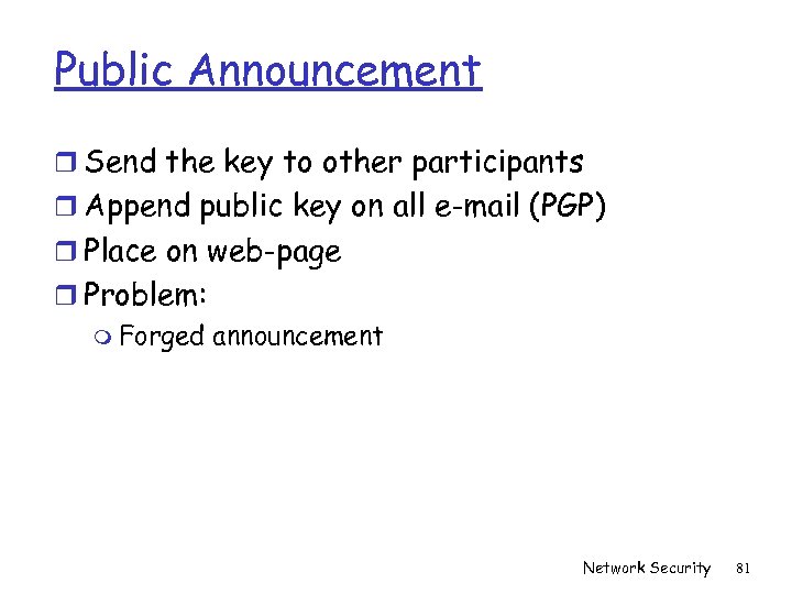 Public Announcement r Send the key to other participants r Append public key on