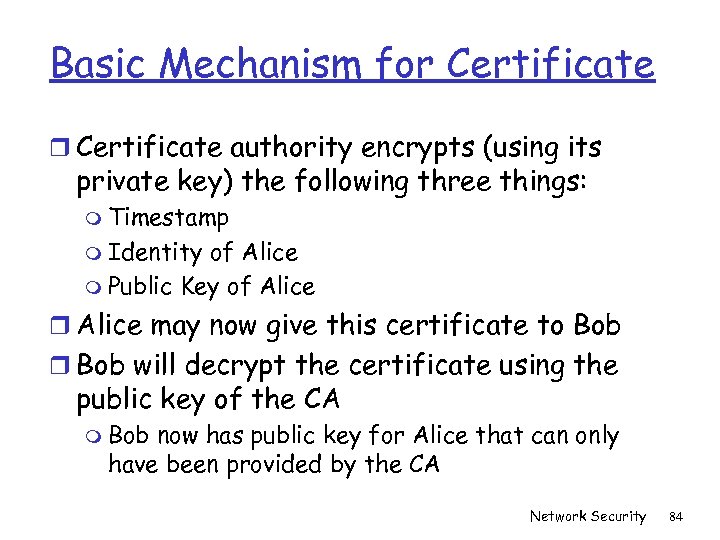 Basic Mechanism for Certificate authority encrypts (using its private key) the following three things: