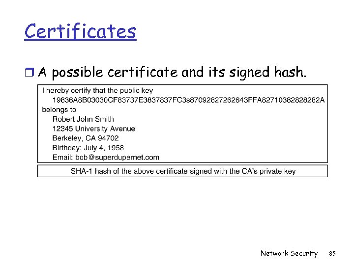 Certificates r A possible certificate and its signed hash. Network Security 85 