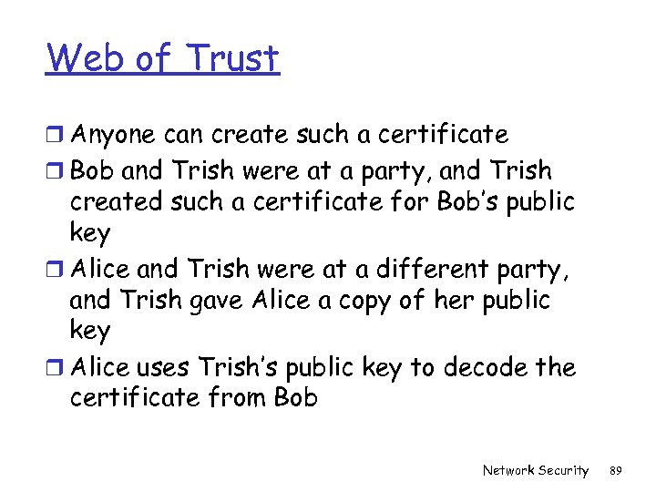 Web of Trust r Anyone can create such a certificate r Bob and Trish