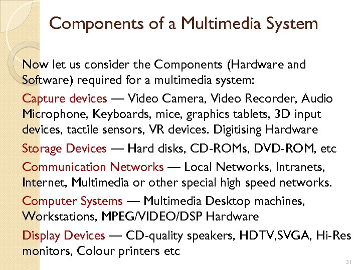 Components of a Multimedia System Now let us consider the Components (Hardware and Software)