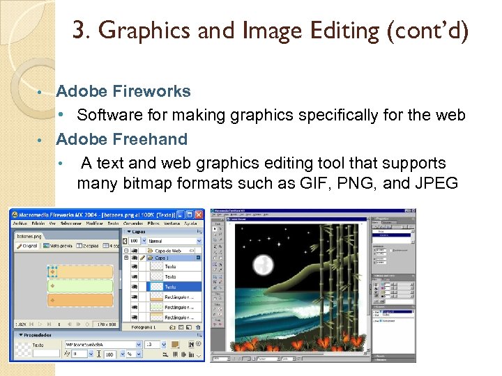 3. Graphics and Image Editing (cont’d) Adobe Fireworks • Software for making graphics specifically