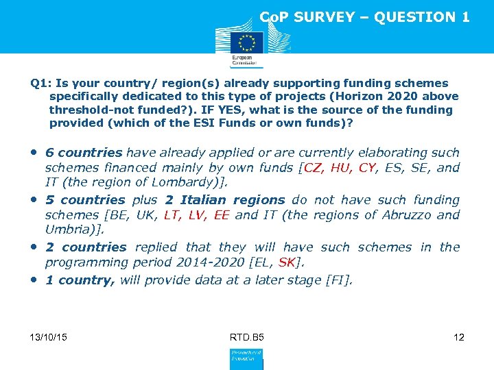 Co. P SURVEY – QUESTION 1 Q 1: Is your country/ region(s) already supporting