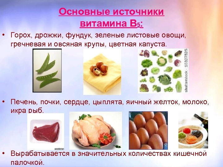 Основные источники витамина В 5: • Горох, дрожжи, фундук, зеленые листовые овощи, гречневая и