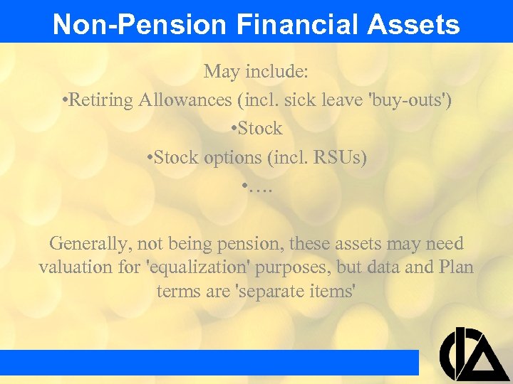 Non-Pension Financial Assets May include: • Retiring Allowances (incl. sick leave 'buy-outs') • Stock