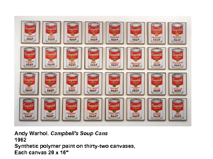 Andy Warhol. Campbell's Soup Cans 1962 Synthetic polymer paint on thirty-two canvases, Each canvas