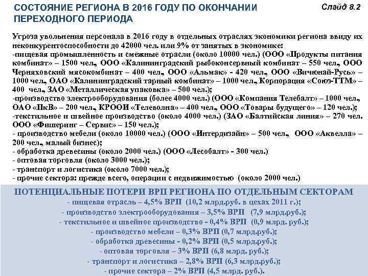 СОСТОЯНИЕ РЕГИОНА В 2016 ГОДУ ПО ОКОНЧАНИИ ПЕРЕХОДНОГО ПЕРИОДА Слайд 8. 2 Угроза увольнения