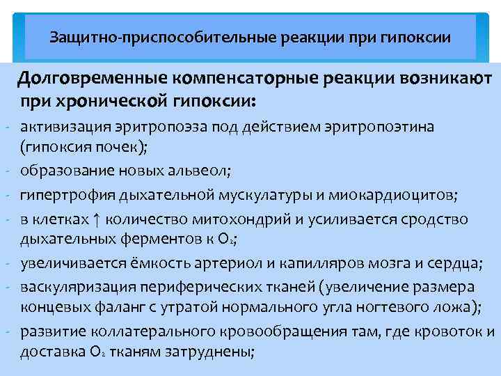 Защитно-приспособительные реакции при гипоксии Долговременные компенсаторные реакции возникают при хронической гипоксии: - активизация эритропоэза