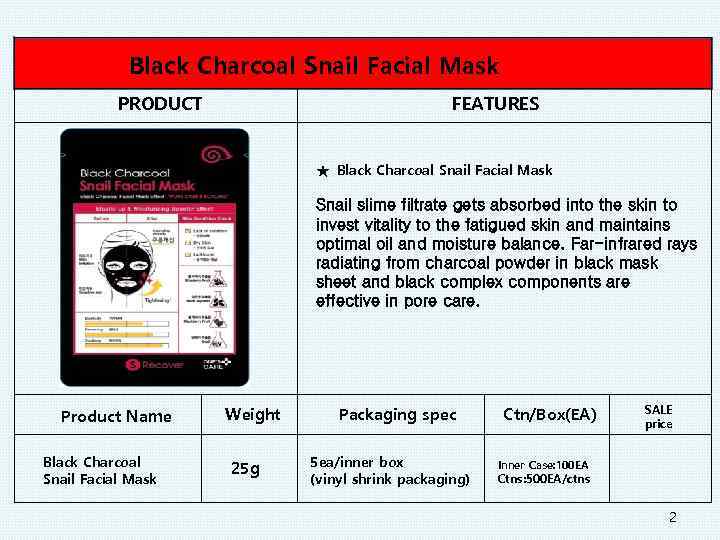 Black Charcoal Snail Facial Mask PRODUCT FEATURES ★ Black Charcoal Snail Facial Mask Snail