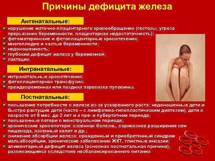 Причины дефицита железа Антенатальные: нарушение маточно-плацентарного кровообращения (гестозы, угроза прерывания беременности, плацентарная недостаточность); фетоматеринские