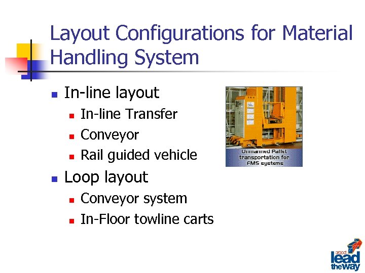 Layout Configurations for Material Handling System n In-line layout n n In-line Transfer Conveyor