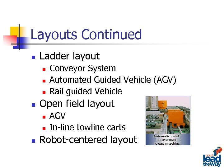 Layouts Continued n Ladder layout n n Open field layout n n n Conveyor