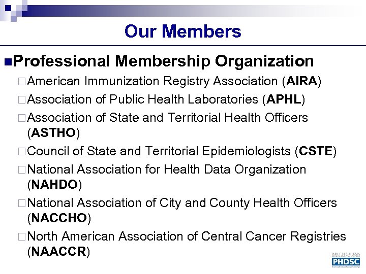 Our Members n. Professional Membership Organization ¨American Immunization Registry Association (AIRA) ¨Association of Public