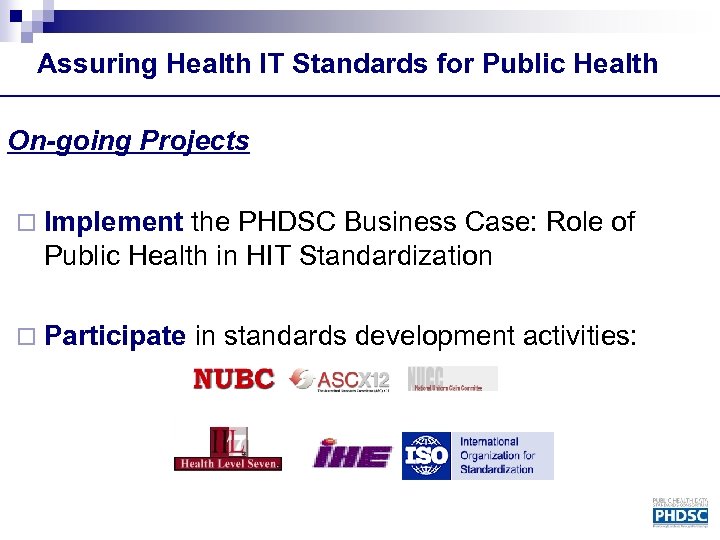 Assuring Health IT Standards for Public Health On-going Projects ¨ Implement the PHDSC Business