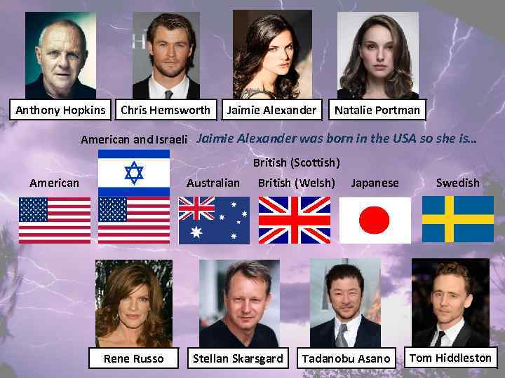Anthony Hopkins Chris Hemsworth Jaimie Alexander Natalie Portman American and Israeli Jaimie Alexander was