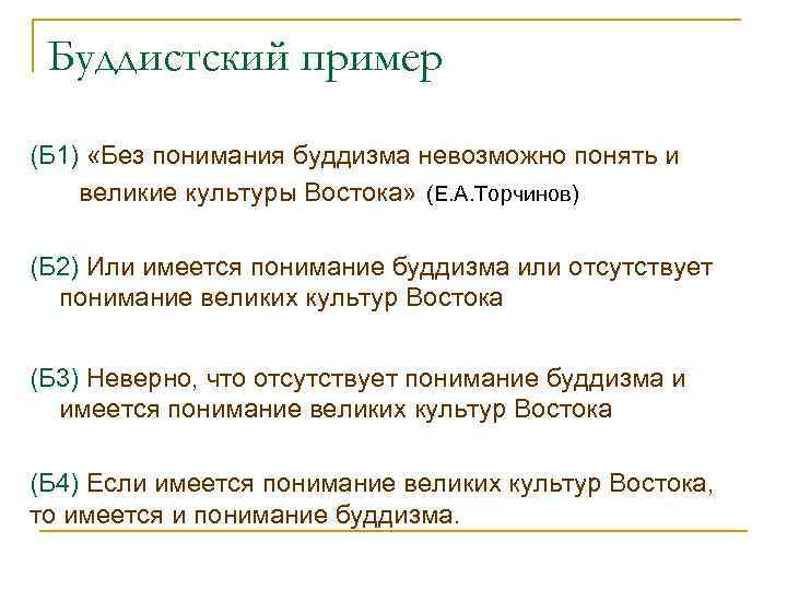 Буддистский пример (Б 1) «Без понимания буддизма невозможно понять и великие культуры Востока» (Е.