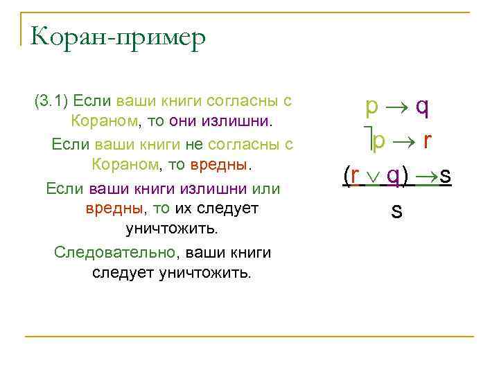 Коран-пример (3. 1) Если ваши книги согласны с Кораном, то они излишни. Если ваши