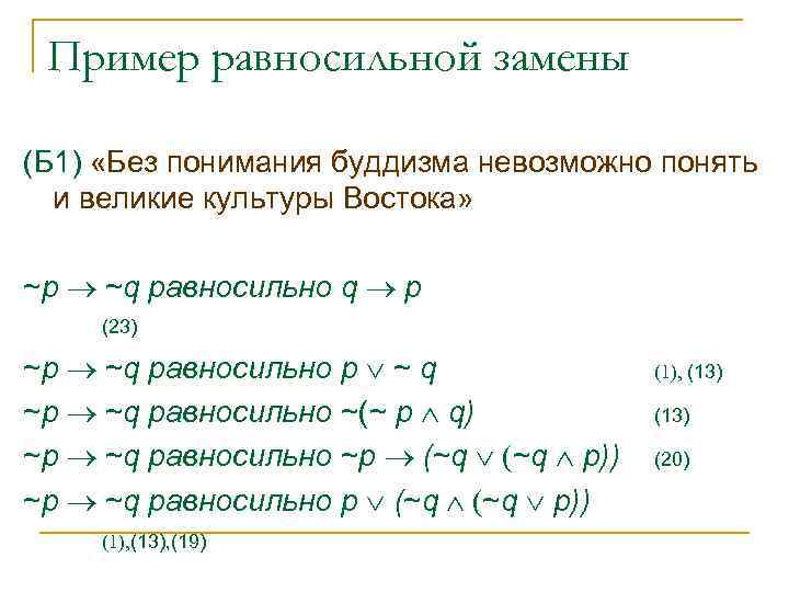 Пример равносильной замены (Б 1) «Без понимания буддизма невозможно понять и великие культуры Востока»