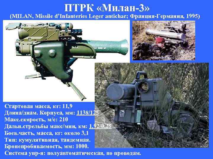 ПТРК «Милан-3» (MILAN, Missile d’Infanteries Leger antichar; Франция-Германия, 1995) Стартовая масса, кг: 11, 9