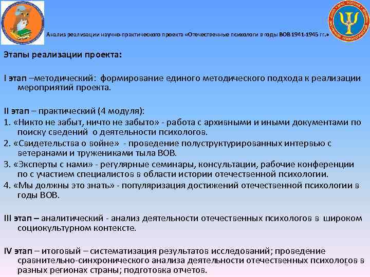 Анализ реализации научно-практического проекта «Отечественные психологи в годы ВОВ 1941 -1945 гг. » Этапы