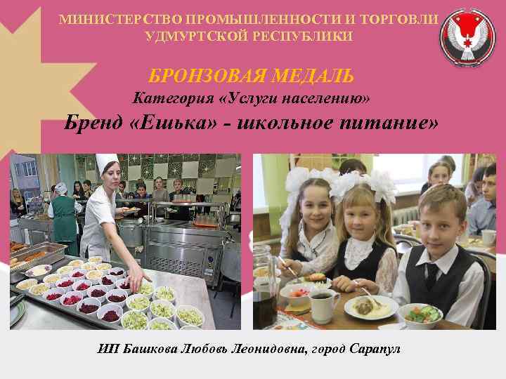 МИНИСТЕРСТВО ПРОМЫШЛЕННОСТИ И ТОРГОВЛИ УДМУРТСКОЙ РЕСПУБЛИКИ БРОНЗОВАЯ МЕДАЛЬ Категория «Услуги населению» Бренд «Ешька» -
