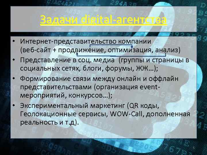 Задачи digital-агентства • Интернет-представительство компании (веб-сайт + продвижение, оптимизация, анализ) • Представление в соц.